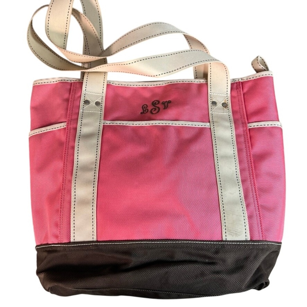 Lands End Pink Canvas Tote Bag Monogram LSV Zip Top Medium Travel Beach Bag